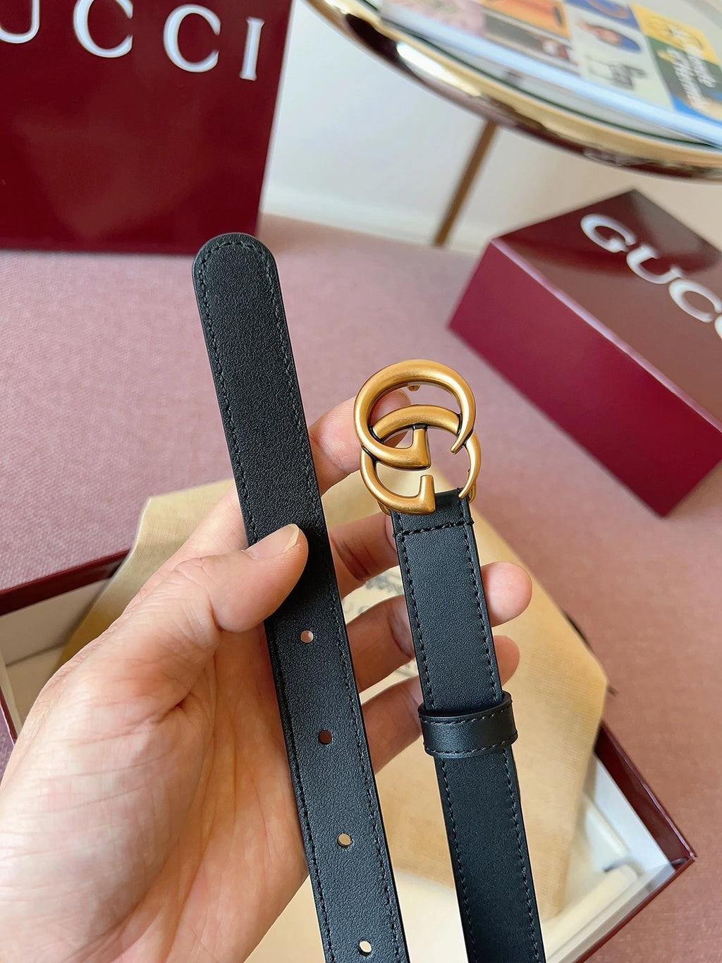Gucci Leather Belt with Double G Buckle - Hình 2