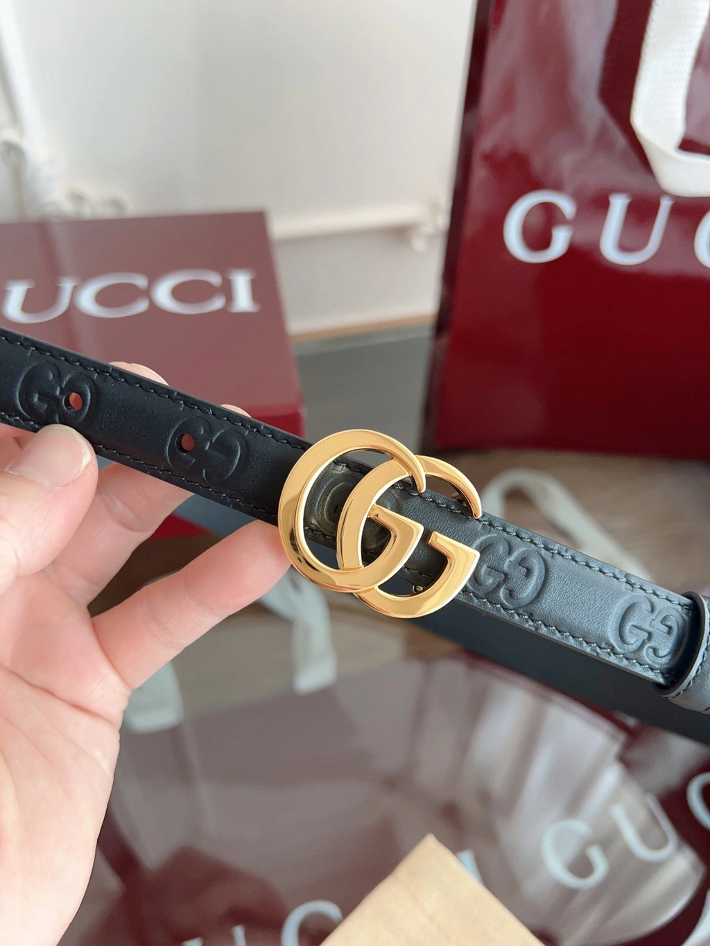 Premium Black Leather Belt with Gold GG Buckle - Hình 2