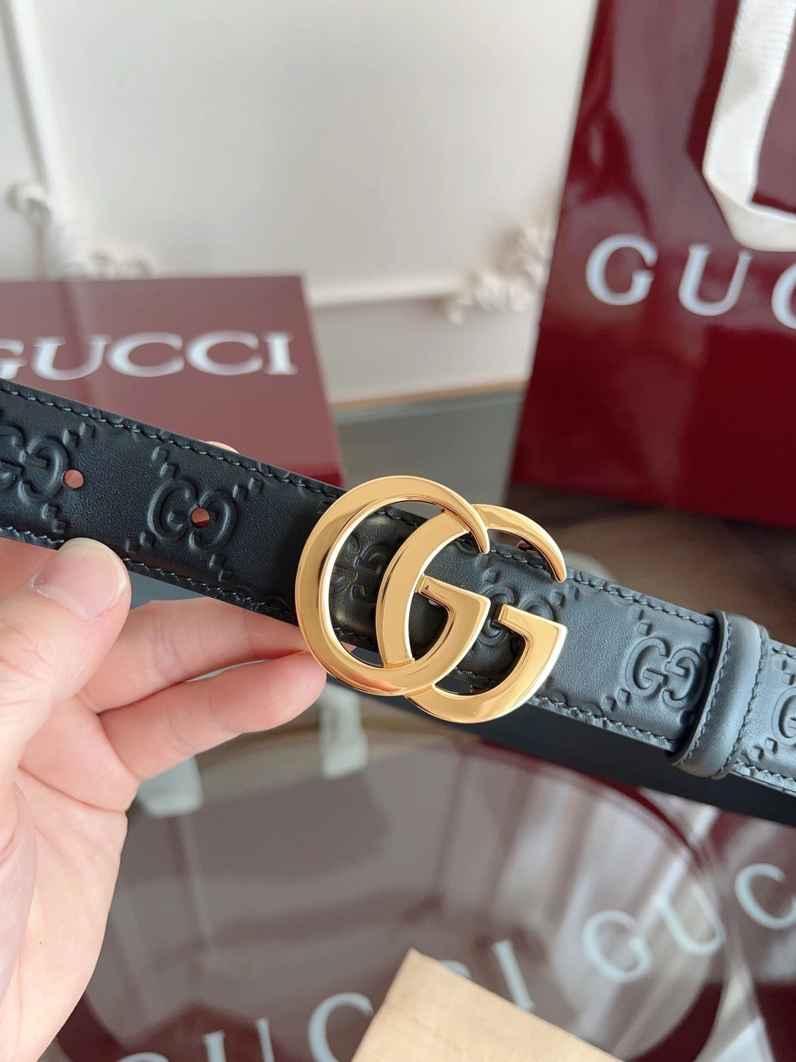 Premium Black Leather Belt with Gold GG Buckle - Hình 2