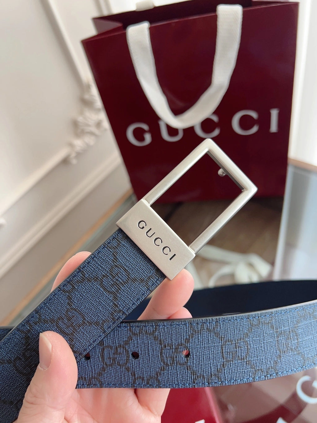 Gucci Premium Leather Belt Blue GG Pattern - Hình 2