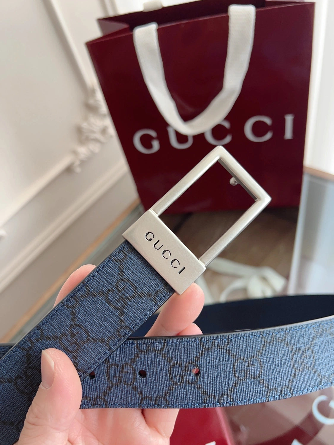 Gucci Premium Leather Belt Blue GG Pattern - Hình 2