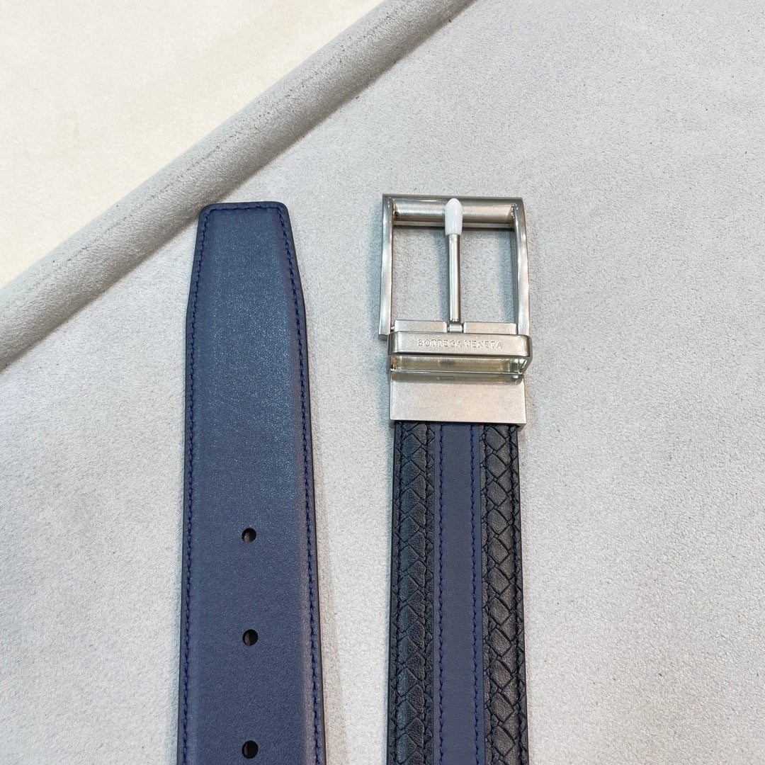 Bottega Veneta Premium Leather Belt Blue and Black - Hình 2