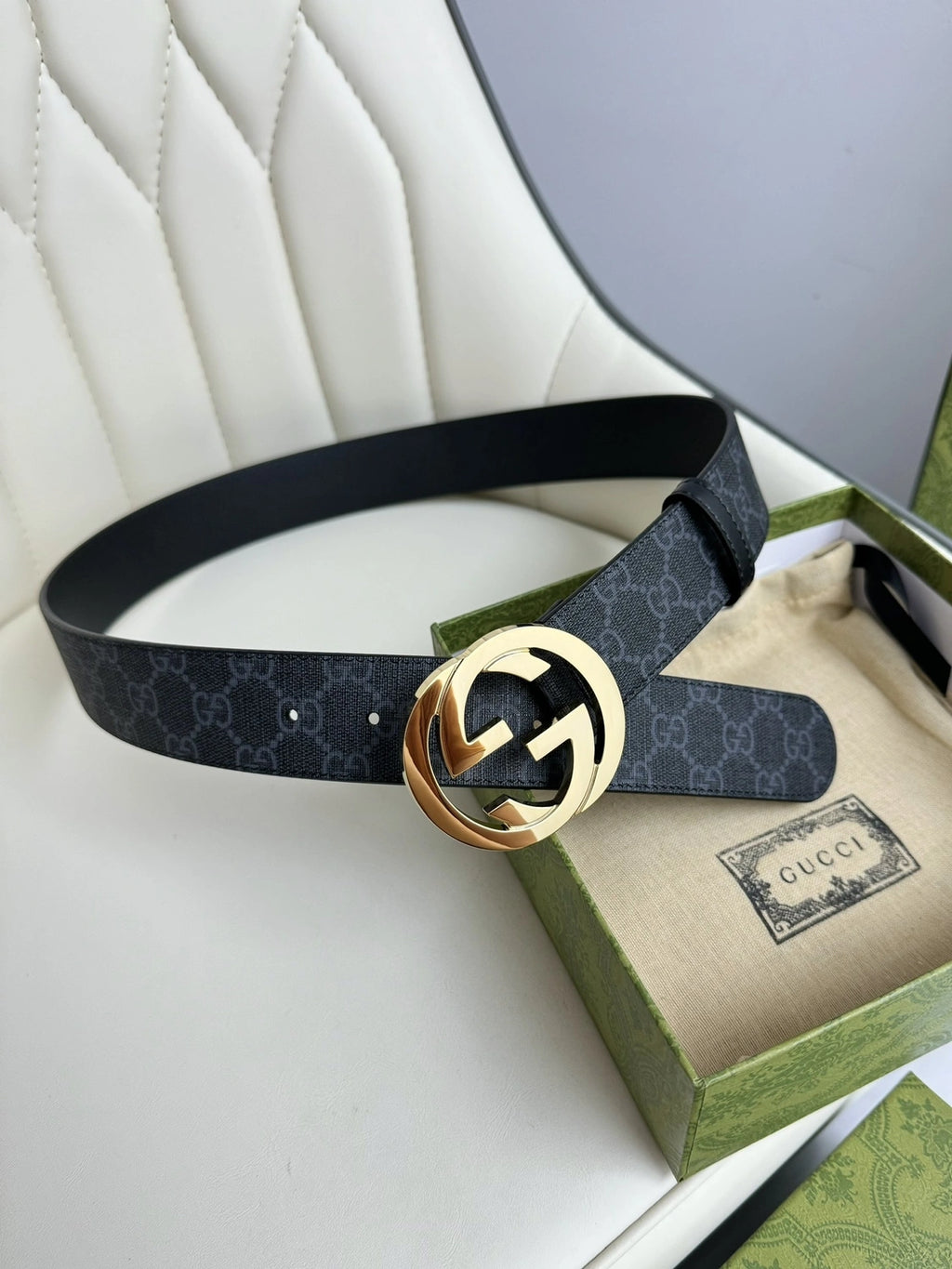 Gucci Inspired Premium Leather Belt with Gold Interlocking G Buckle - Hình 2