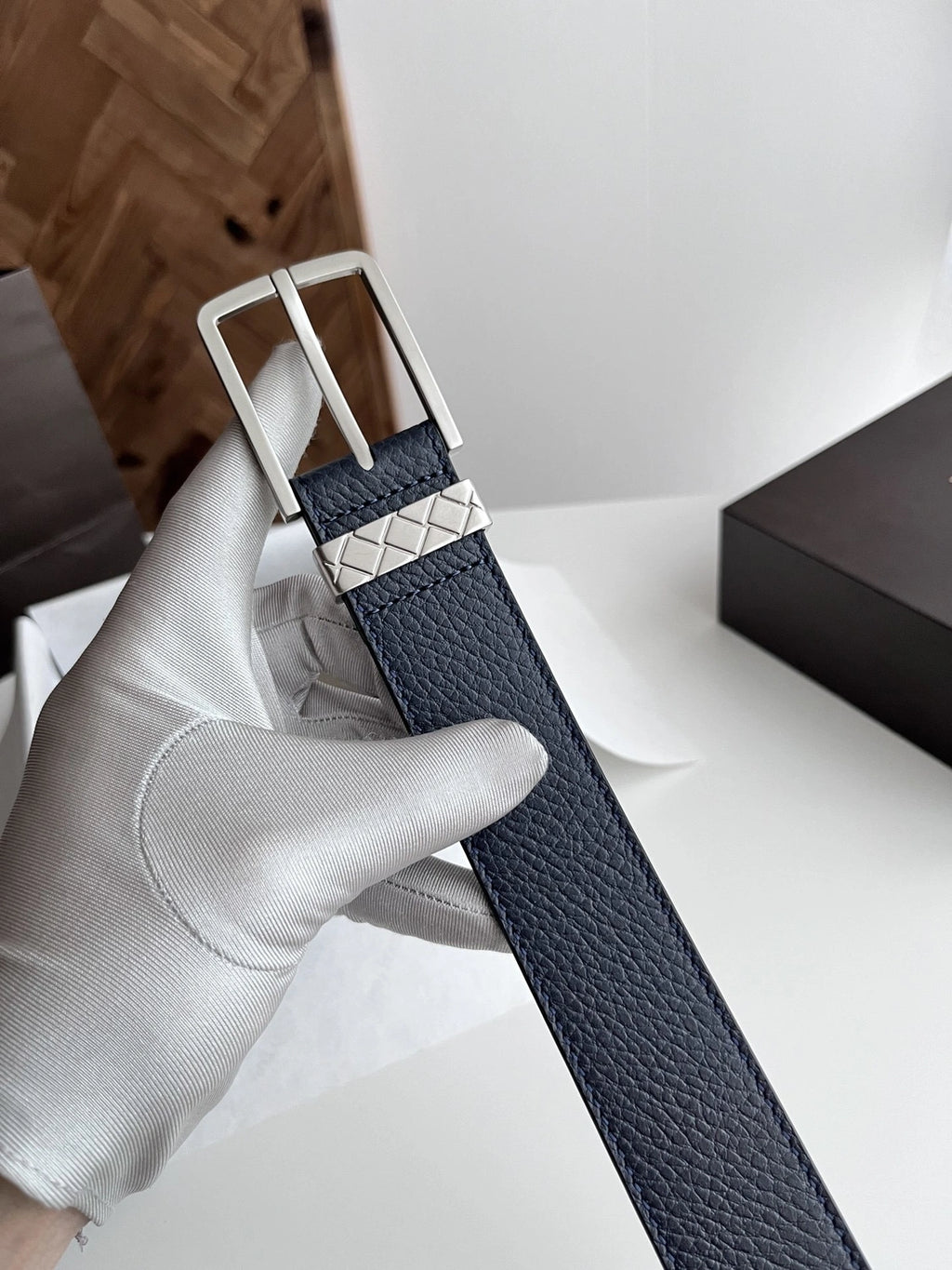 Premium Navy Blue Leather Belt with Silver Buckle - Hình 2