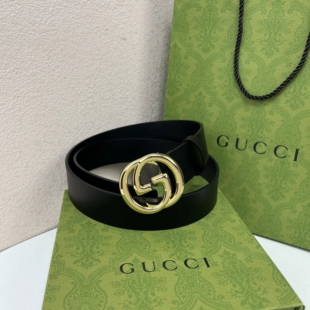 Premium Black Leather Belt with Gold GG Buckle - Hình 2