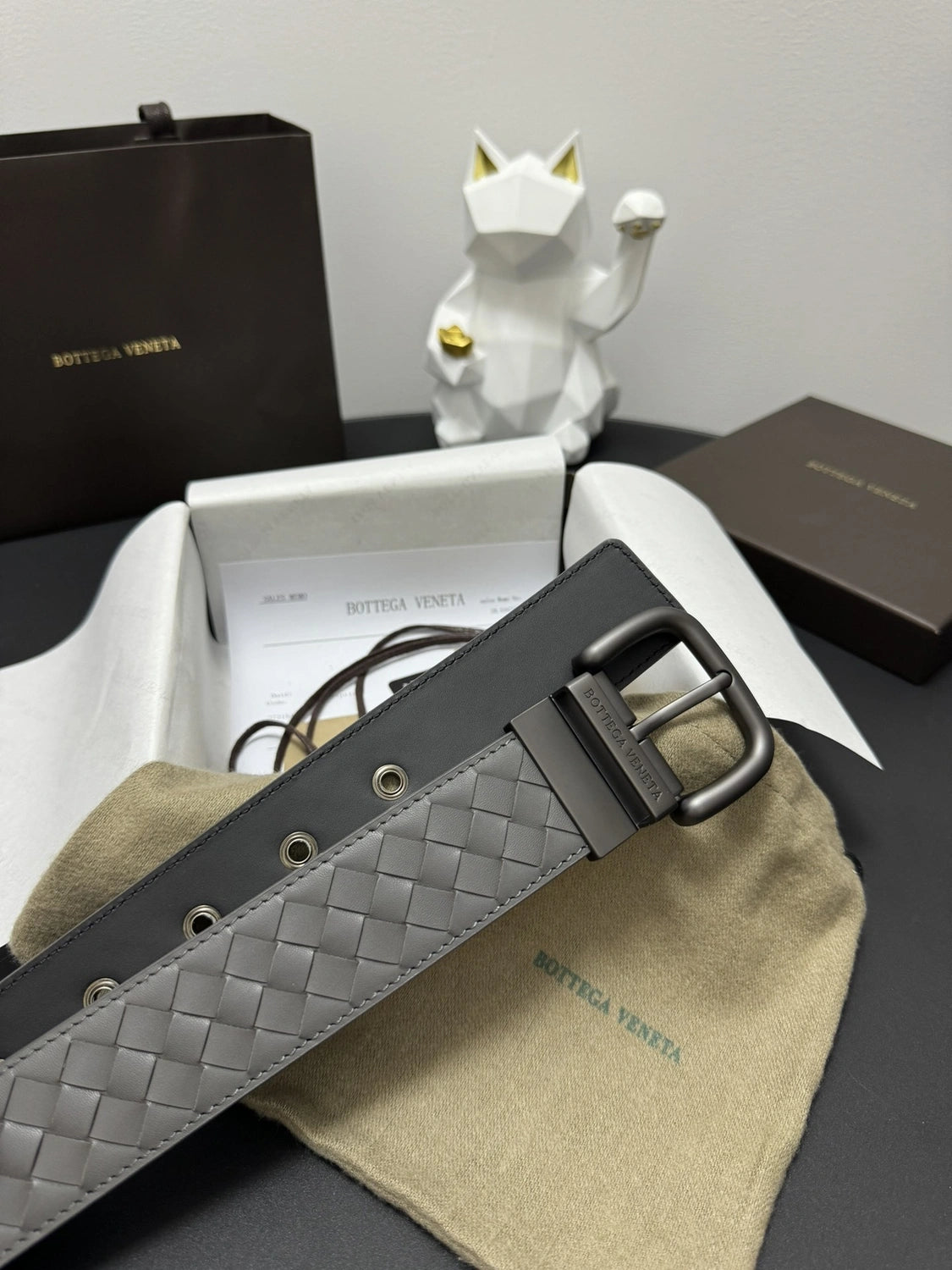 Bottega Veneta Grey Woven Leather Belt - Hình 2