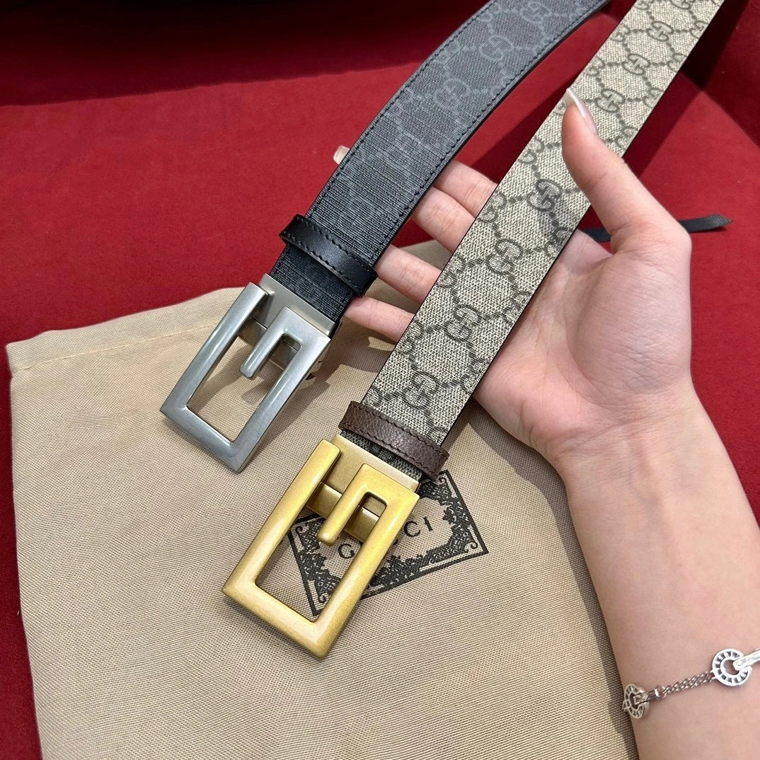 Two premium designer belts, one brown and one black, with iconic buckle designs. - Hình 2