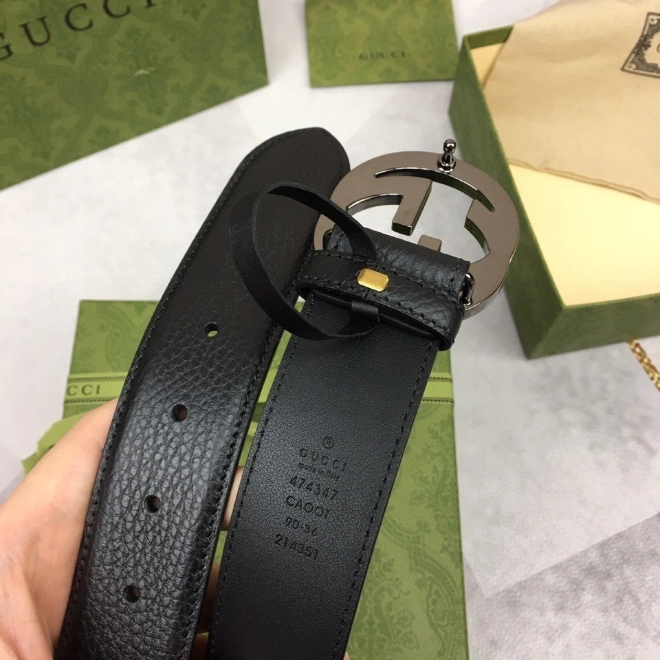 Gucci Premium Black Leather Belt with Interlocking G Buckle - Hình 2