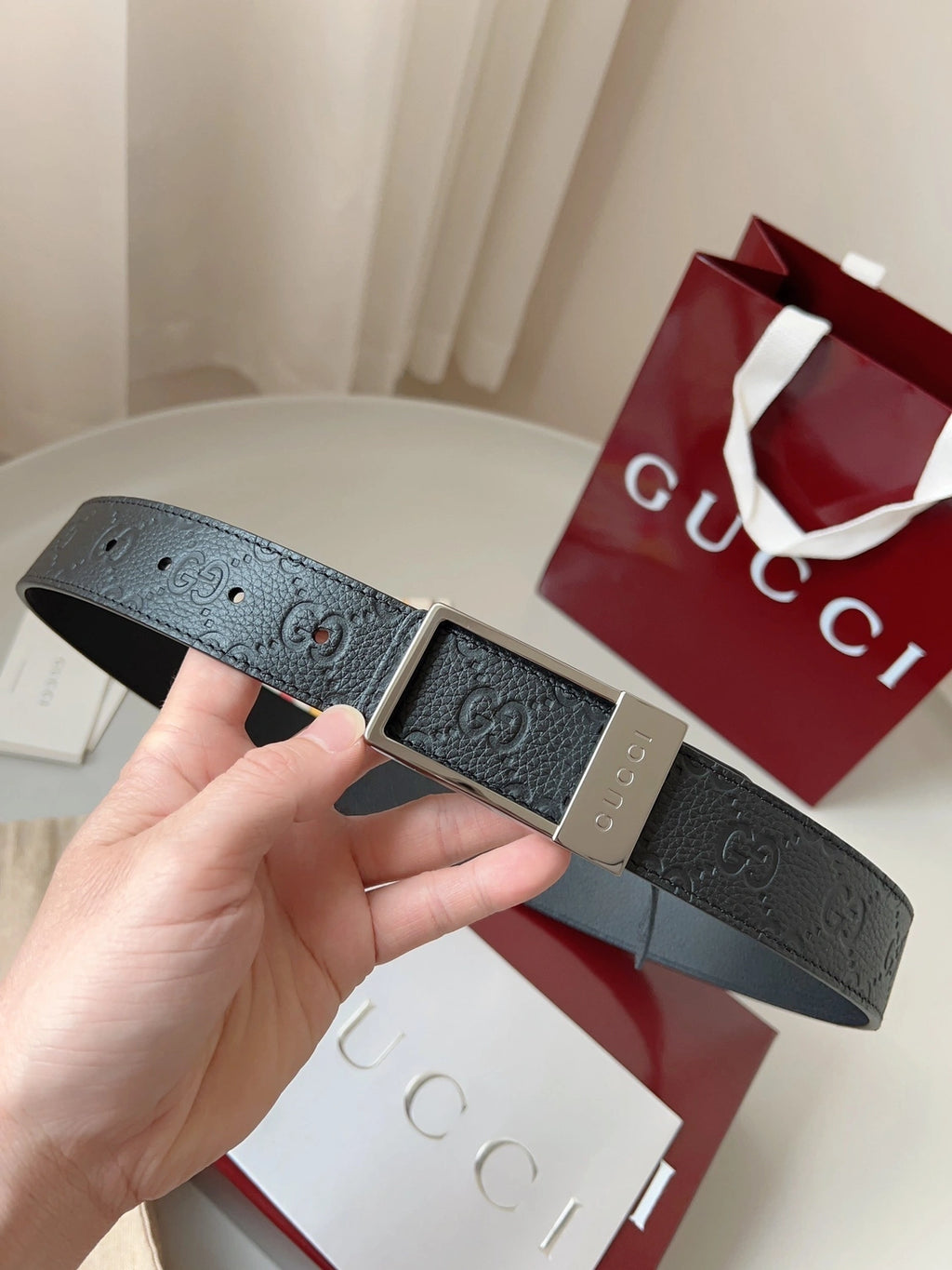 Gucci Premium Leather Belt with Silver Buckle - Hình 2