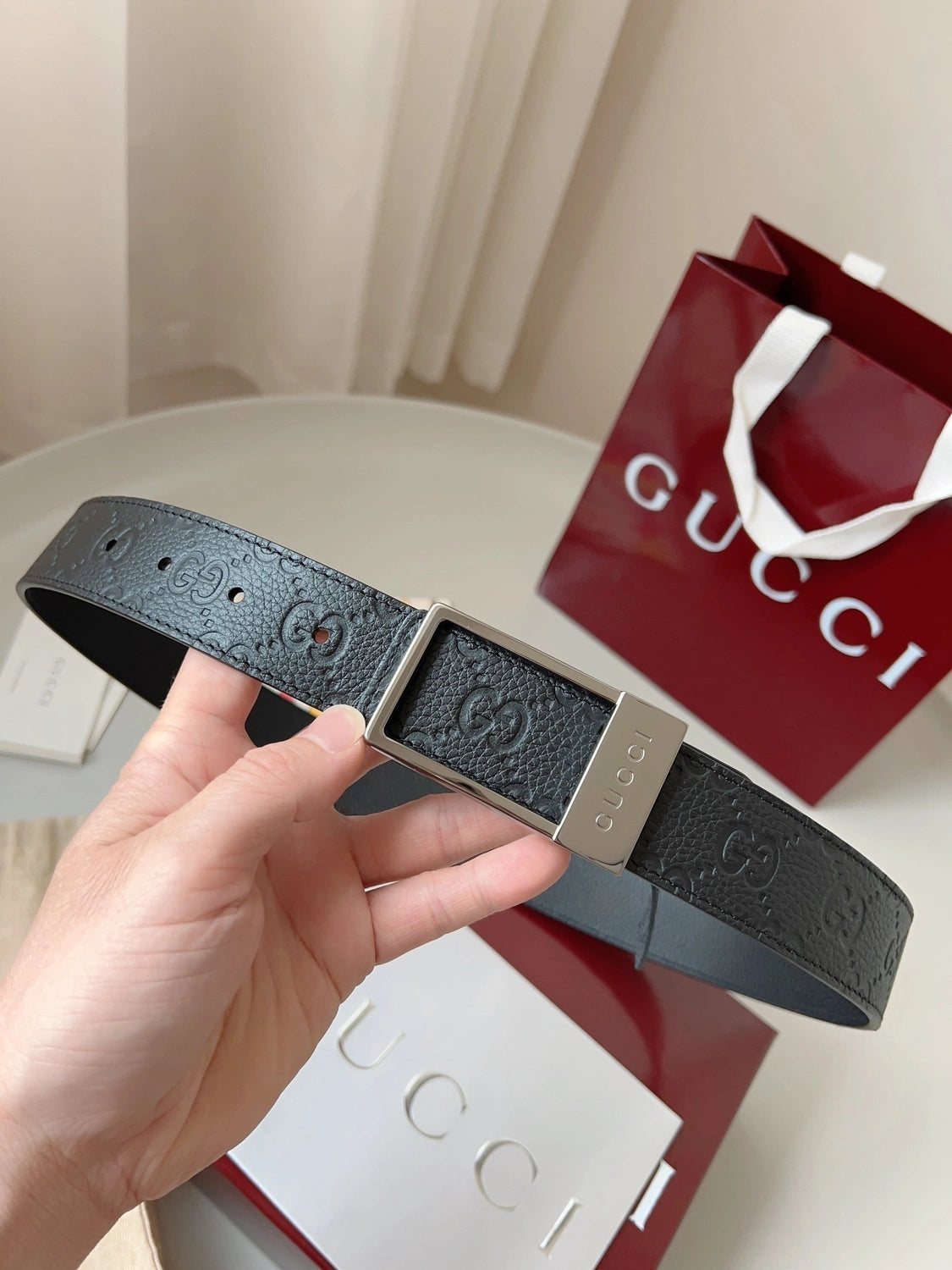 Gucci Premium Leather Belt with Silver Buckle - Hình 2
