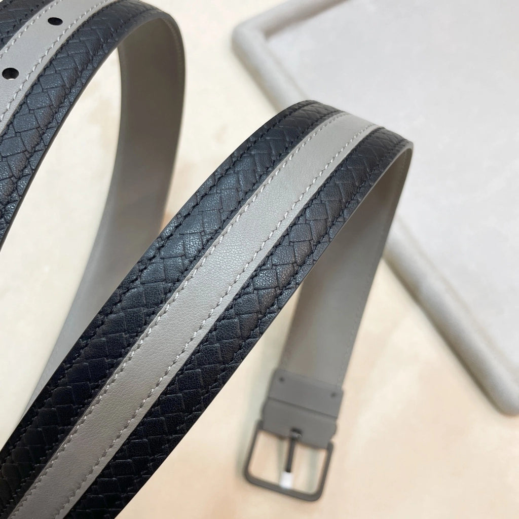 Premium Leather Belt with Black and Gray Stripe Design - Hình 2