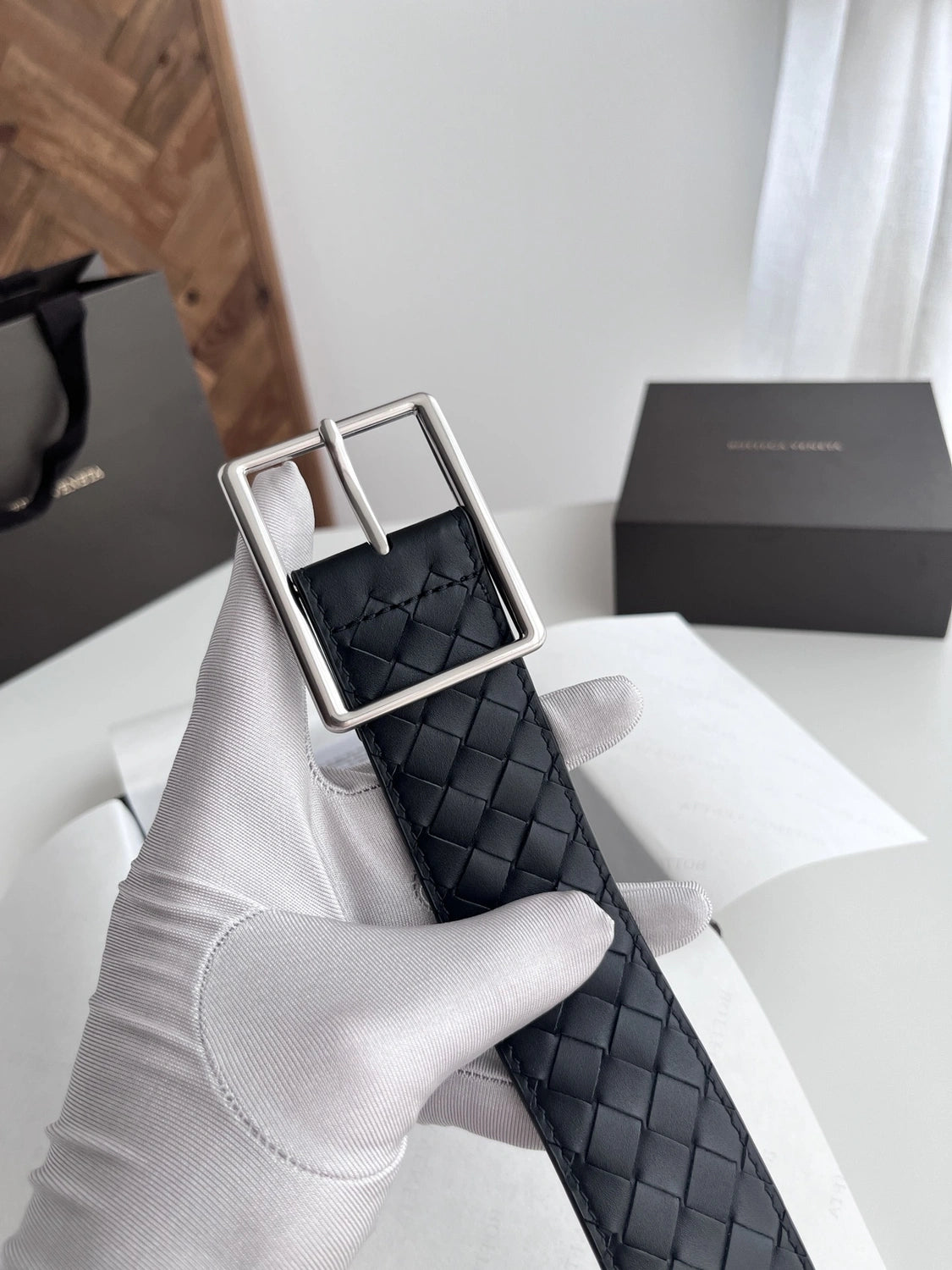 Premium Woven Black Leather Belt with Silver Buckle - Hình 2