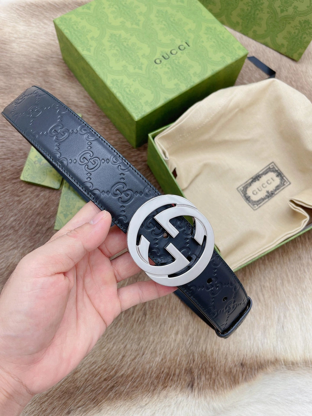 Gucci Interlocking G Black Leather Belt - Hình 2