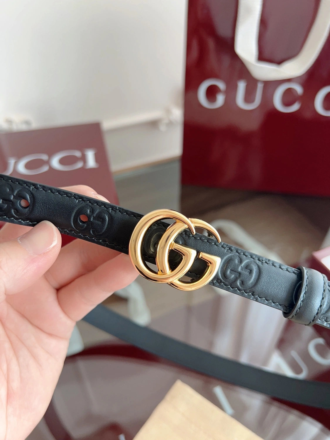 Premium Black Leather Belt with Gold GG Buckle - Hình 2