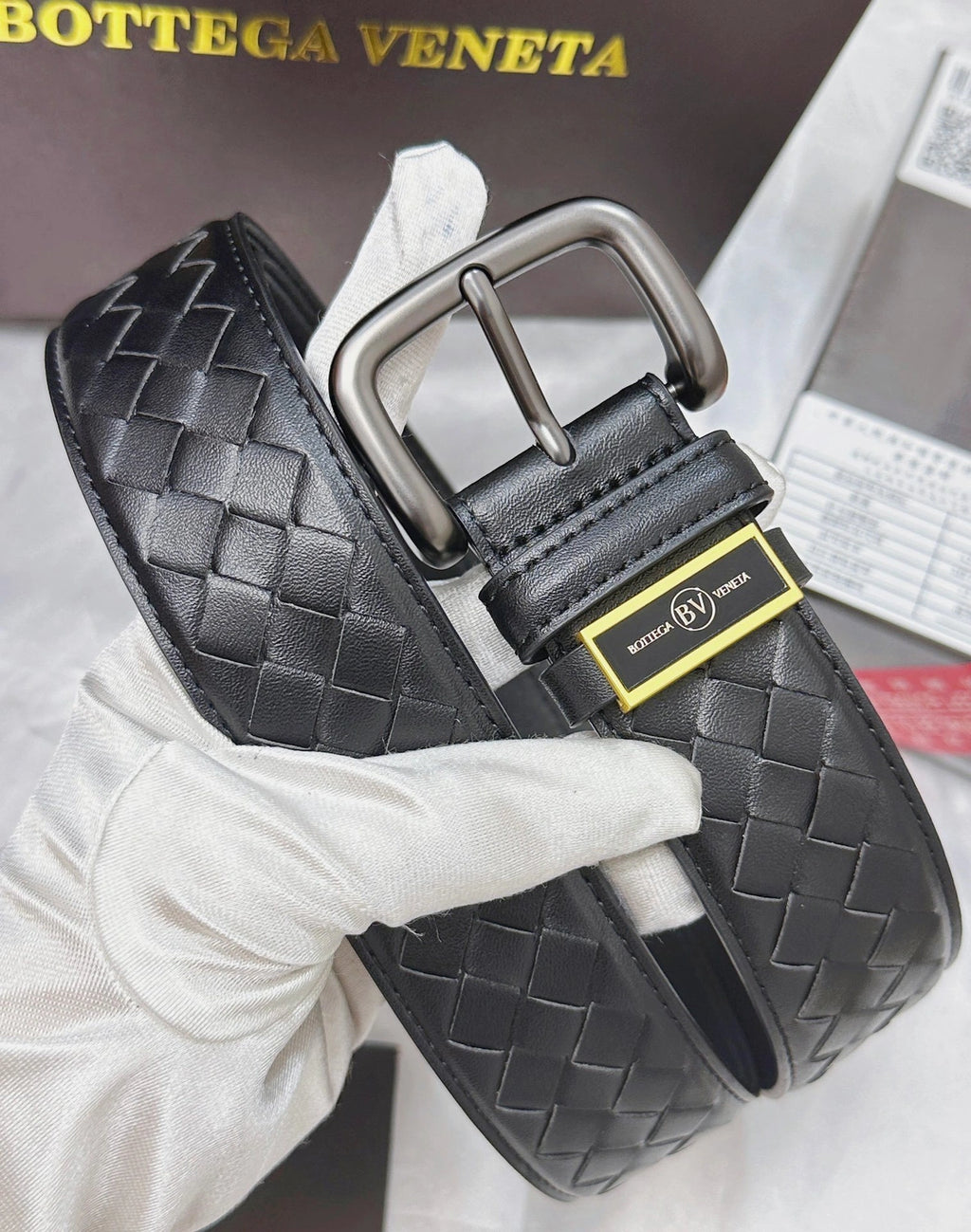 Bottega Veneta Premium Black Leather Woven Belt - Hình 2