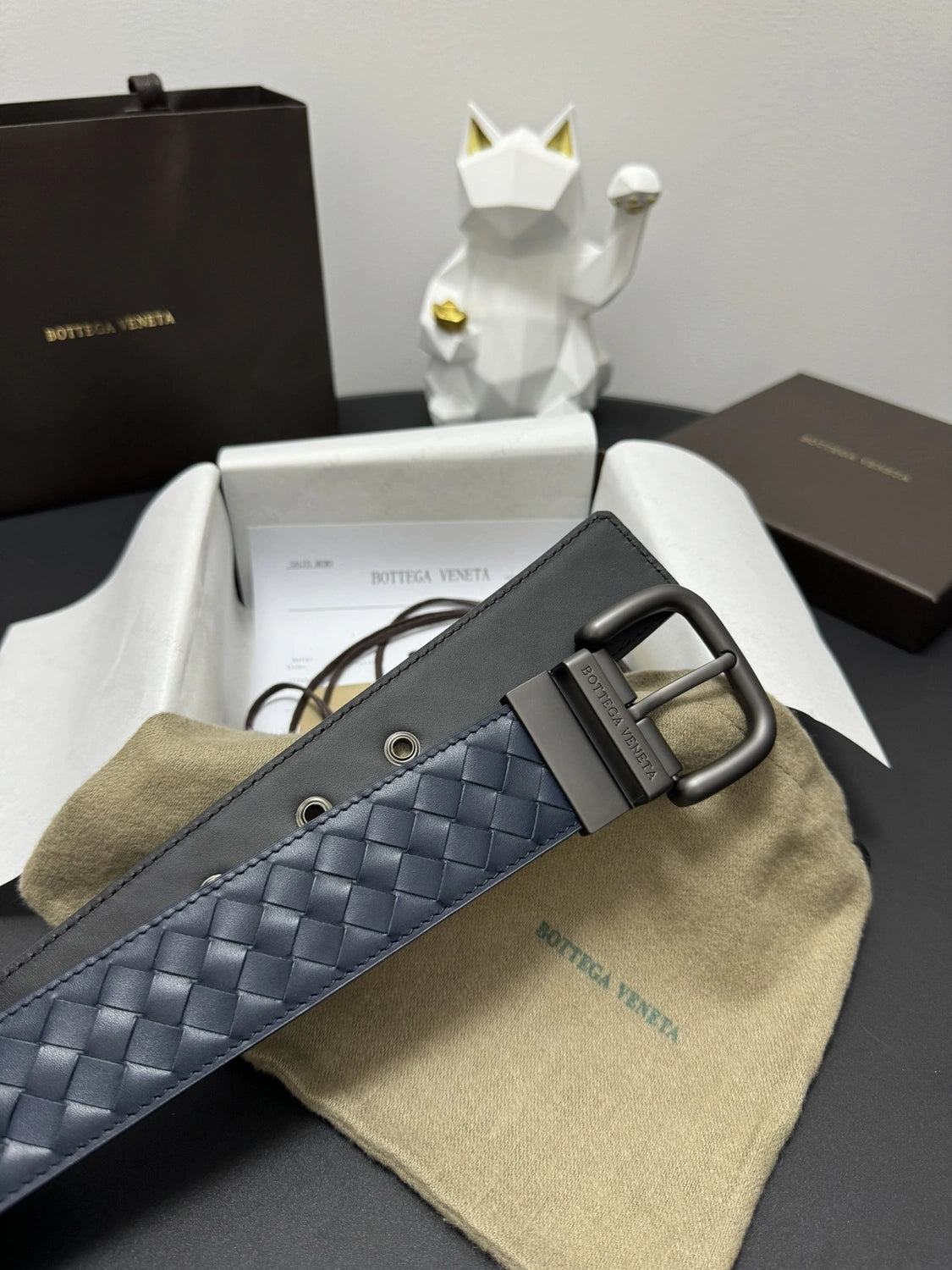 Bottega Veneta Premium Woven Navy Blue Leather Belt