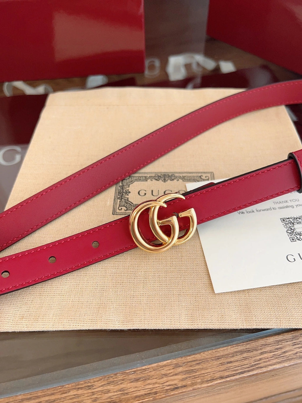 Gucci Red Leather Belt with Gold GG Buckle