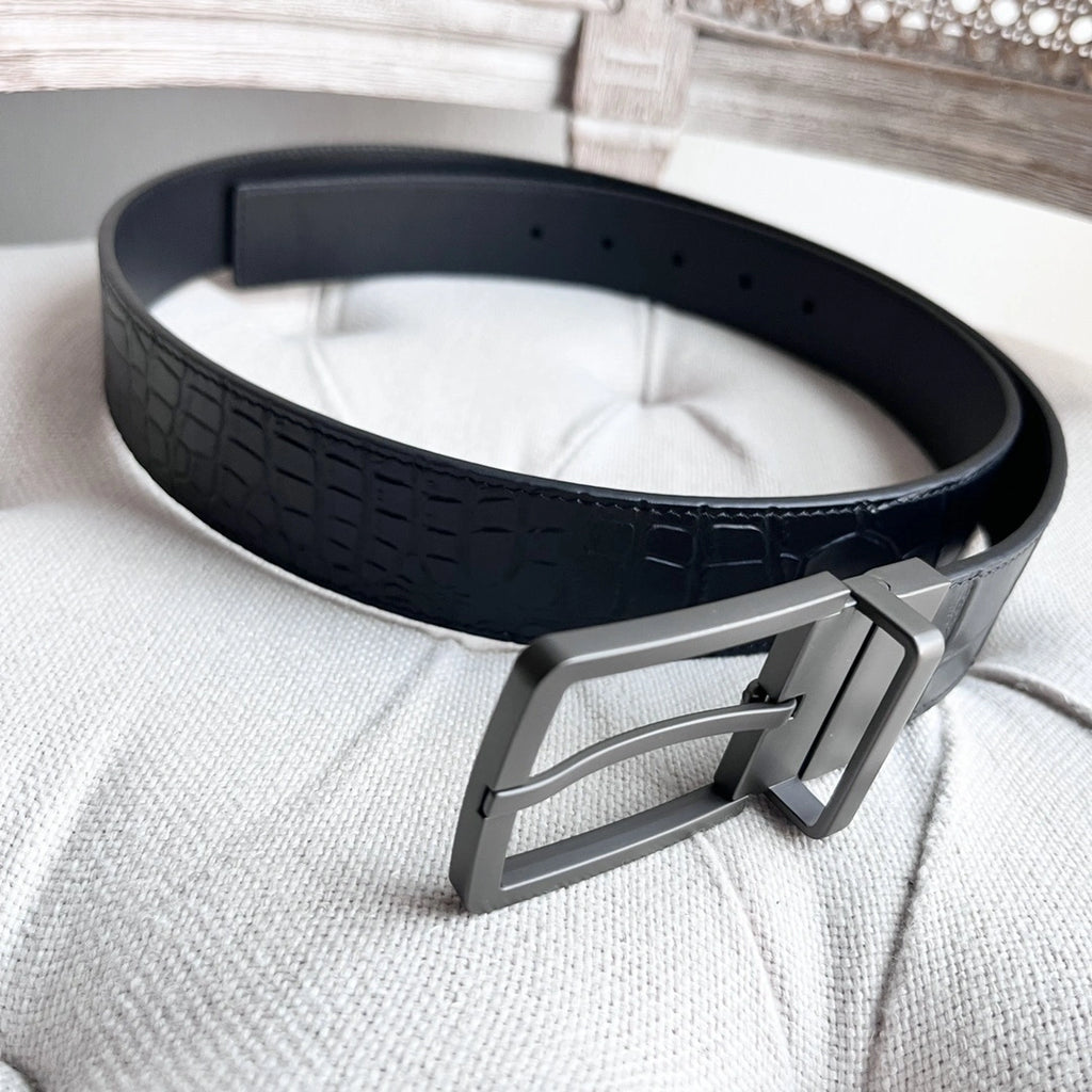 Premium Black Croc Embossed Reversible Leather Belt - Hình 2