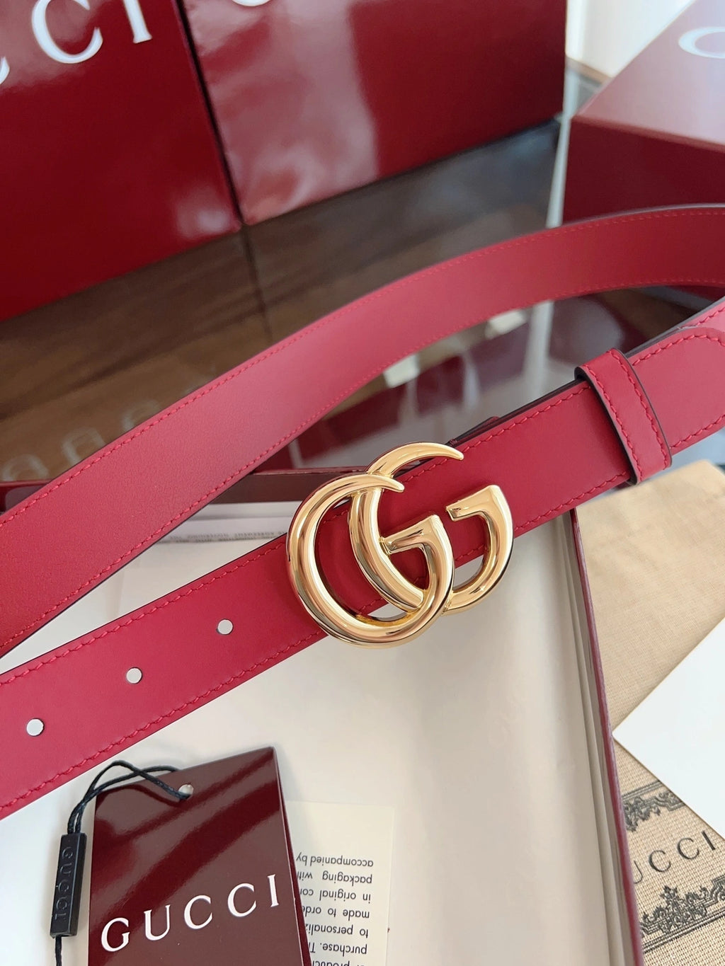 Red Leather Belt with Gold GG Buckle - Hình 2