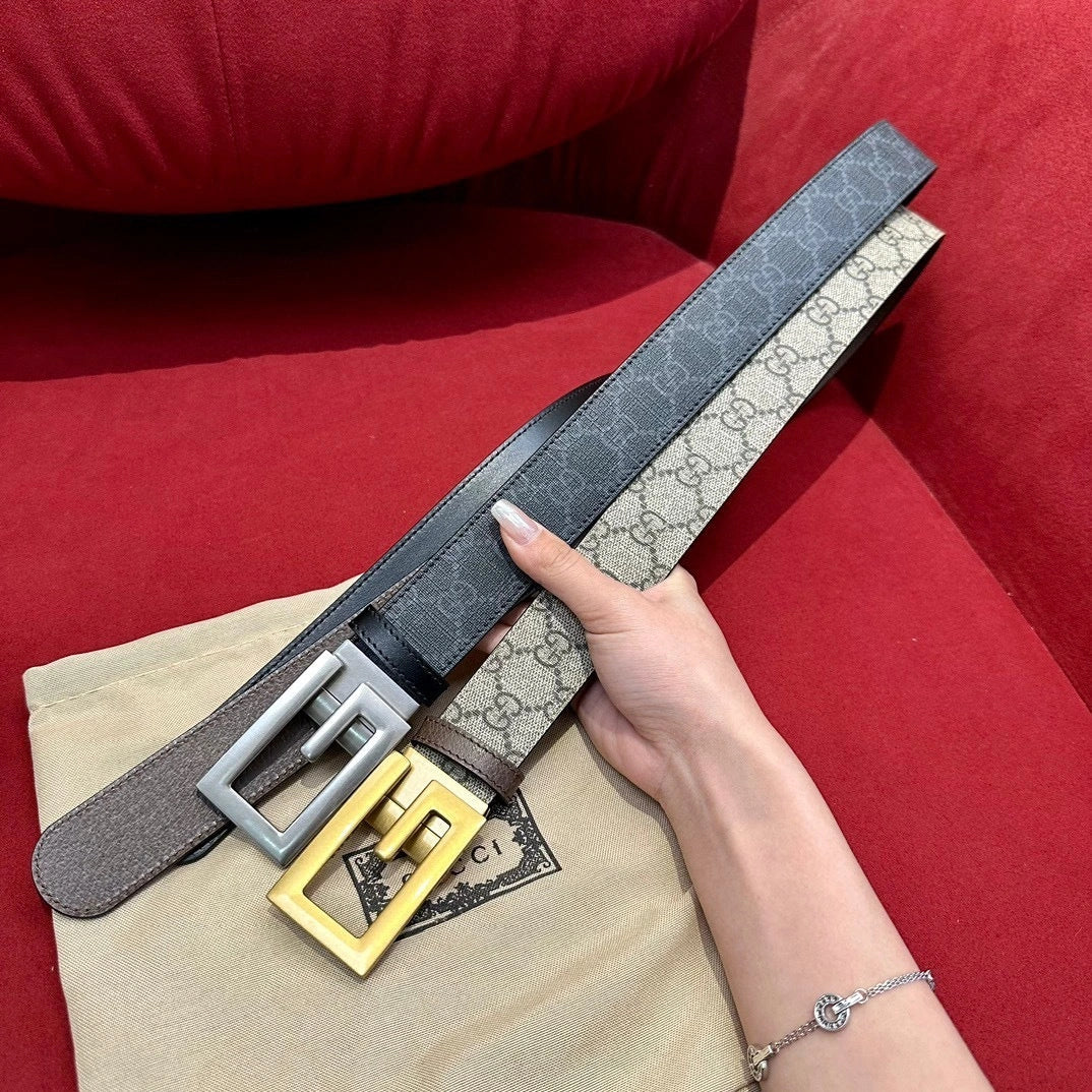 Two premium designer belts, one brown and one black, with iconic buckle designs. - Hình 3