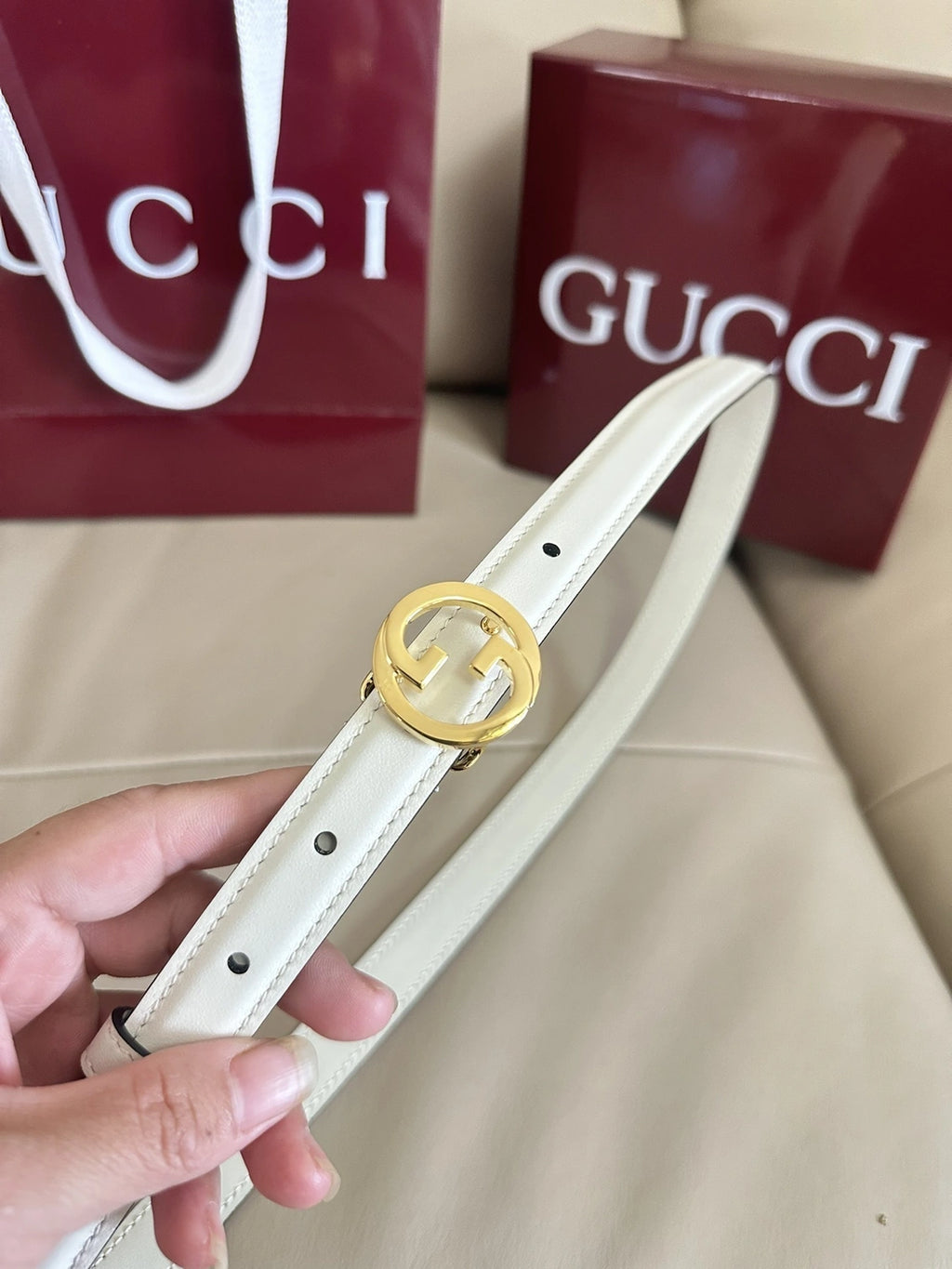 Ivory Leather Belt with Gold Gucci Inspired Buckle - Hình 3