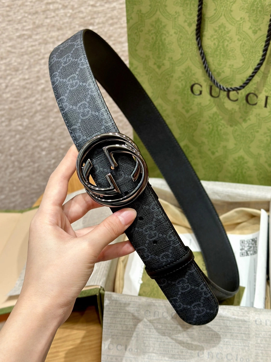 Gucci Interlocking G Black Leather Belt - Hình 3