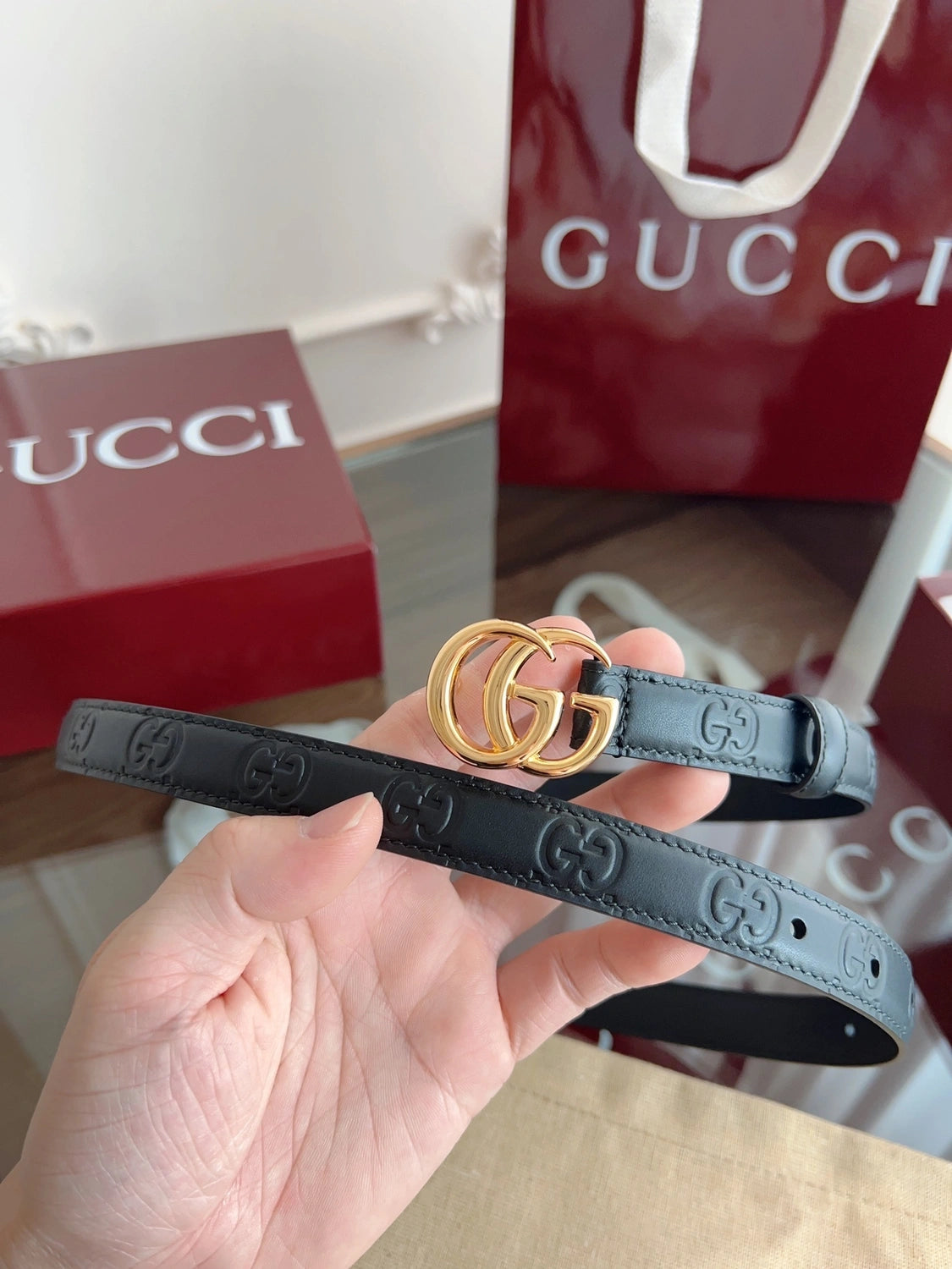 Premium Black Leather Belt with Gold GG Buckle - Hình 3