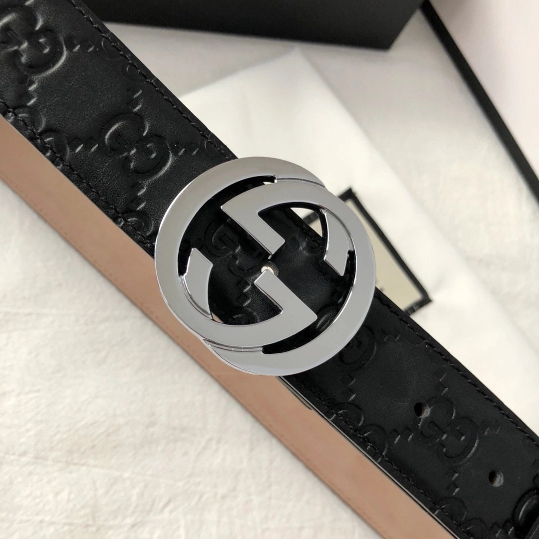 Gucci Black GG Embossed Leather Belt with Silver Buckle - Hình 3