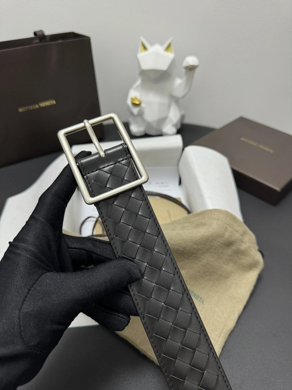 Bottega Veneta Premium Black Woven Leather Belt - Hình 3
