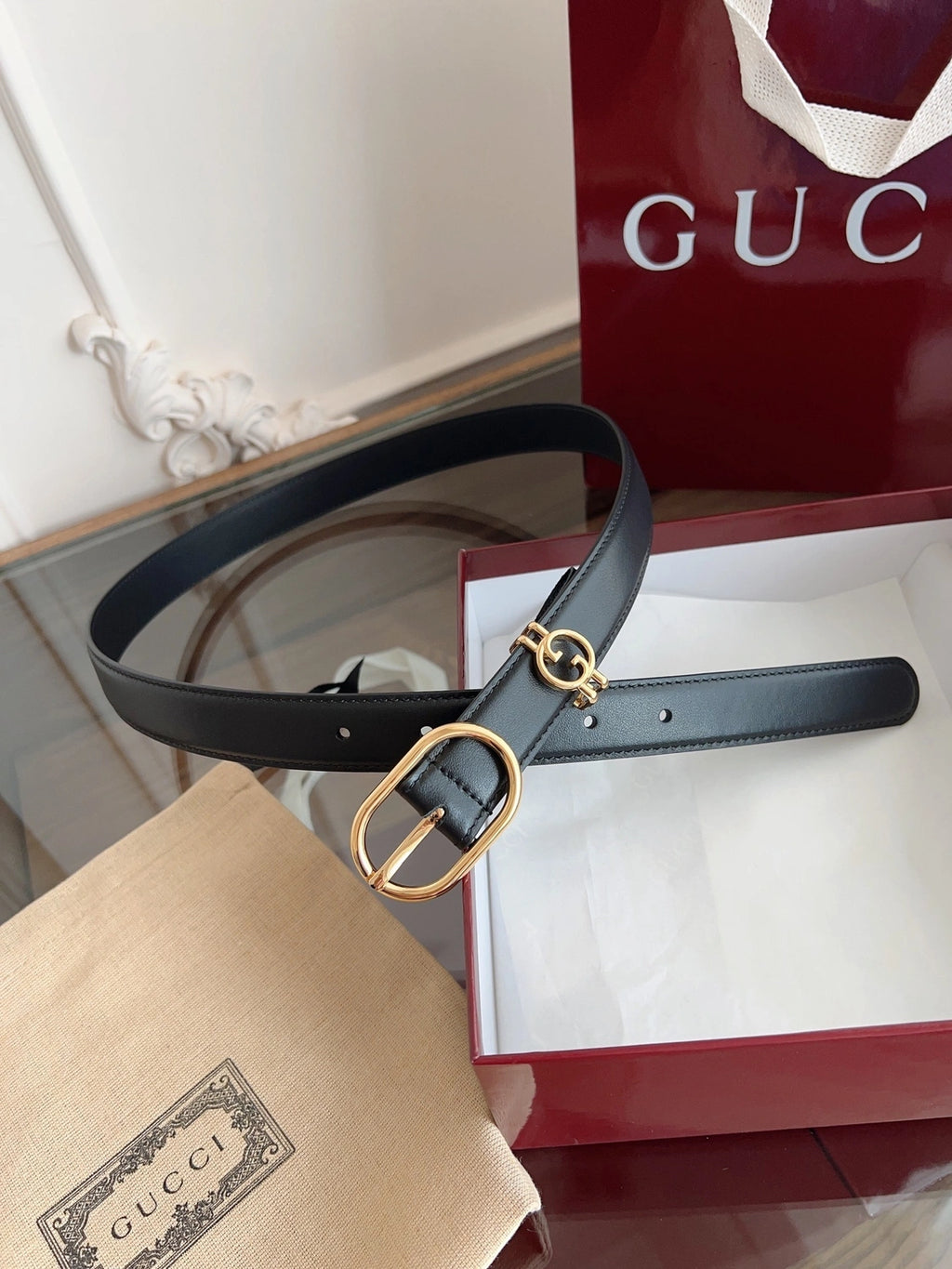 Premium Black Leather Belt with Gold Buckle - Hình 3