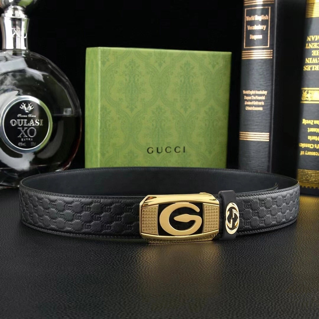 Premium black leather belt with iconic "G" buckle - Hình 3
