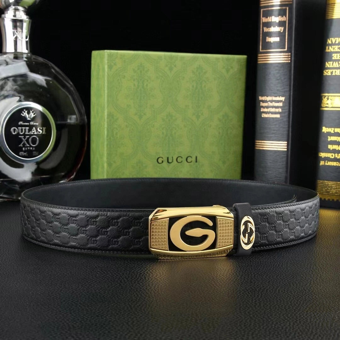 Premium black leather belt with iconic "G" buckle - Hình 3