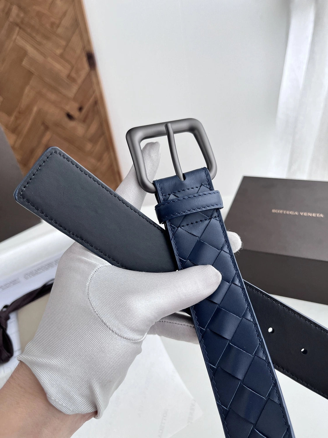Premium Woven Leather Belt Navy Blue - Hình 3