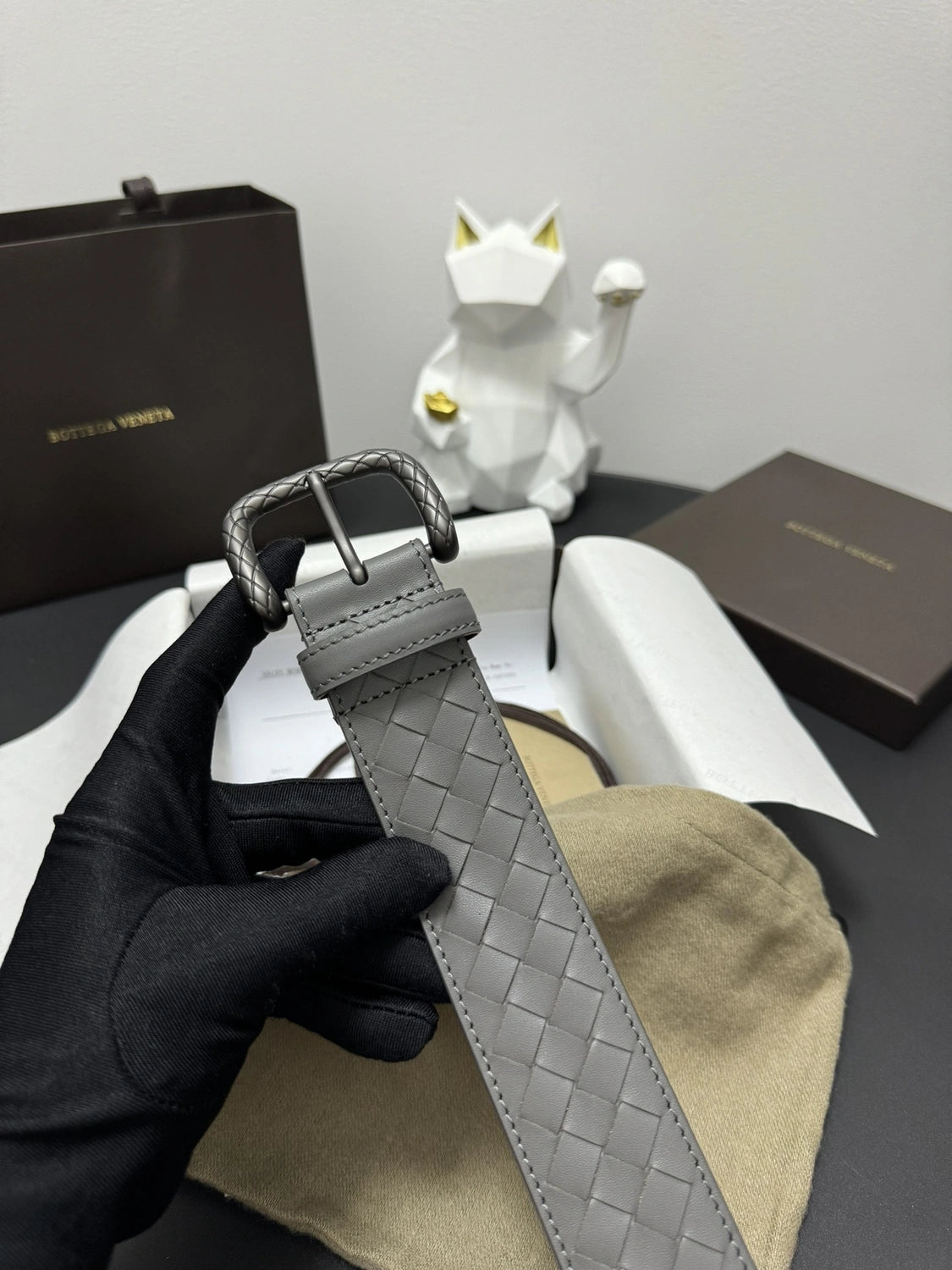 Bottega Veneta Premium Gray Woven Leather Belt - Hình 3