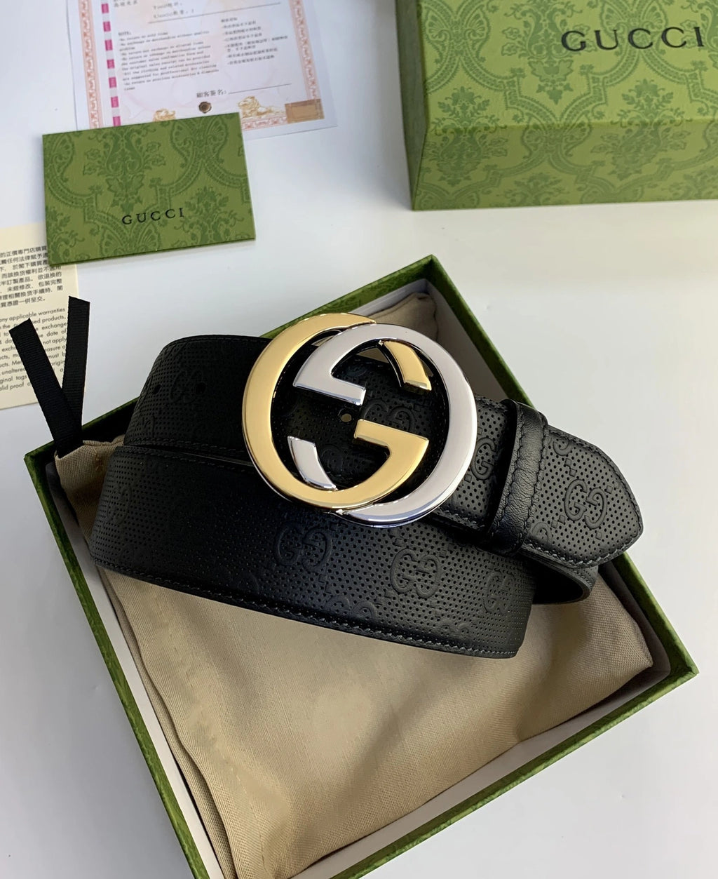 Premium black leather belt with gold and silver Gucci-inspired buckle