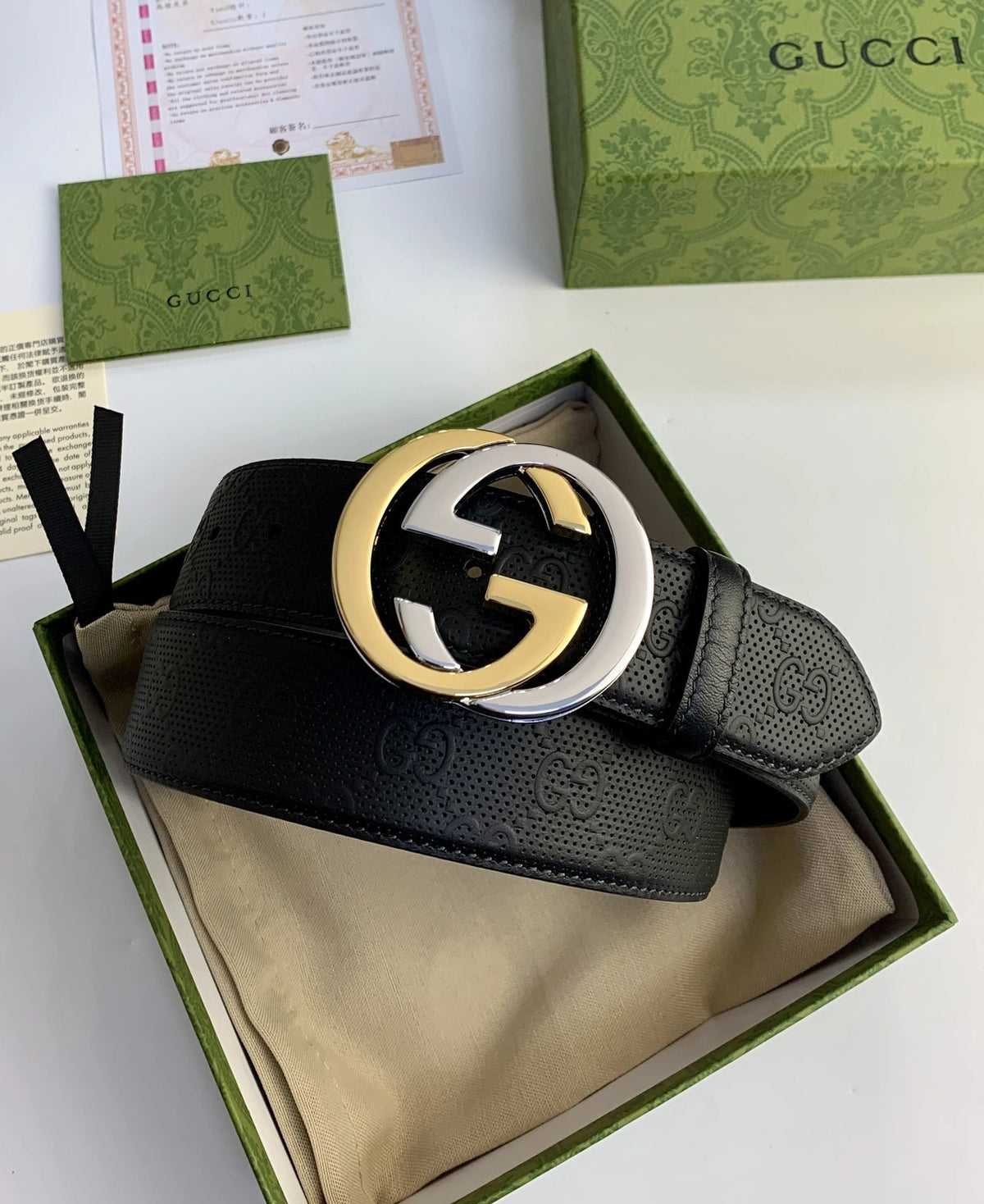 Premium black leather belt with gold and silver Gucci-inspired buckle