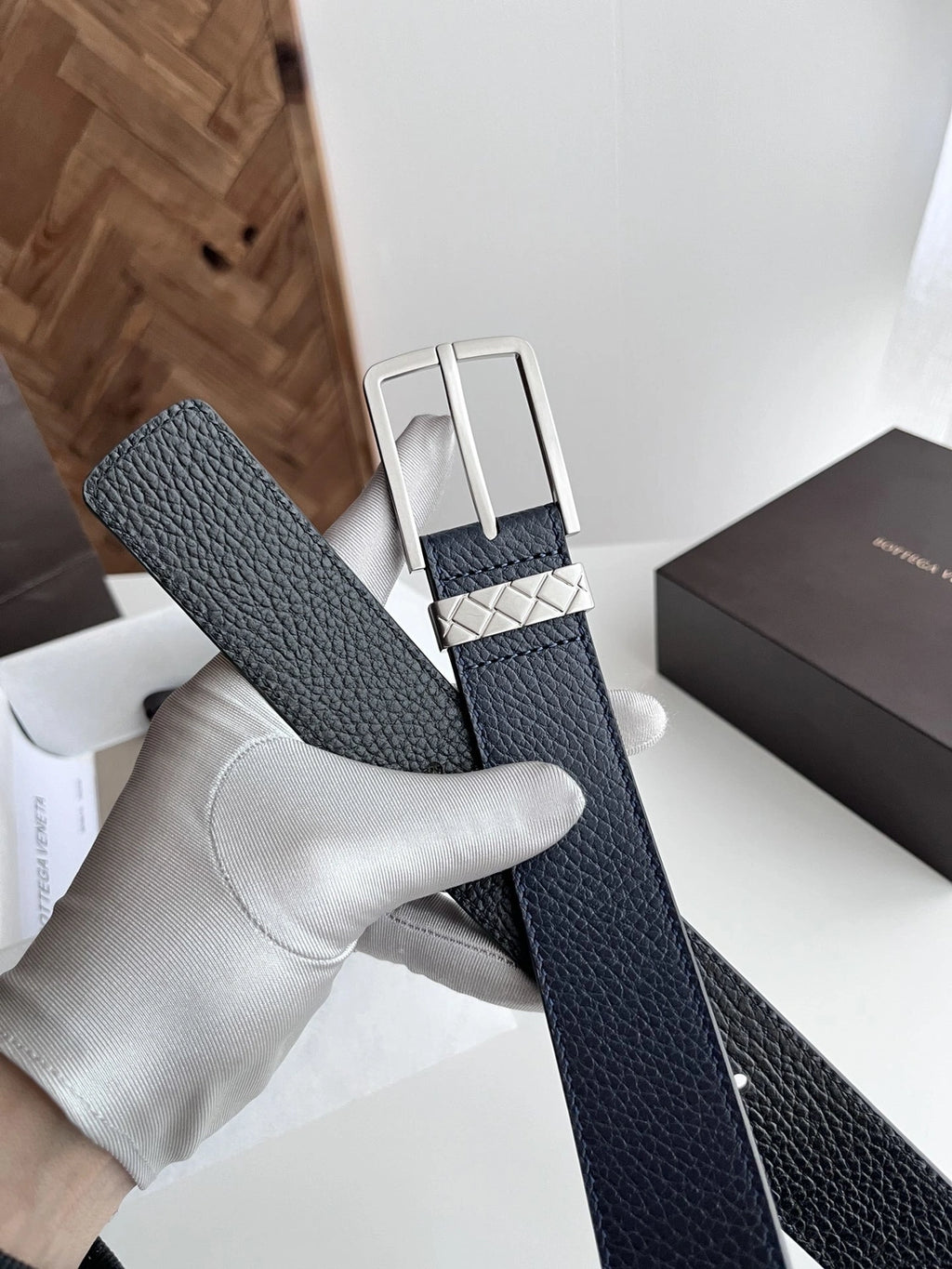 Premium Navy Blue Leather Belt with Silver Buckle - Hình 3