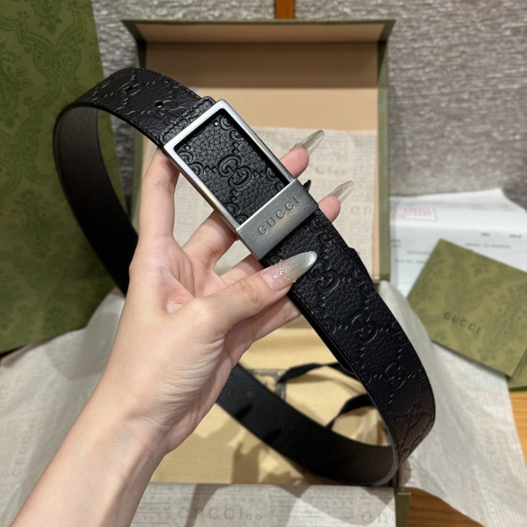 Gucci Signature Black Leather Belt with Silver Buckle - Hình 3
