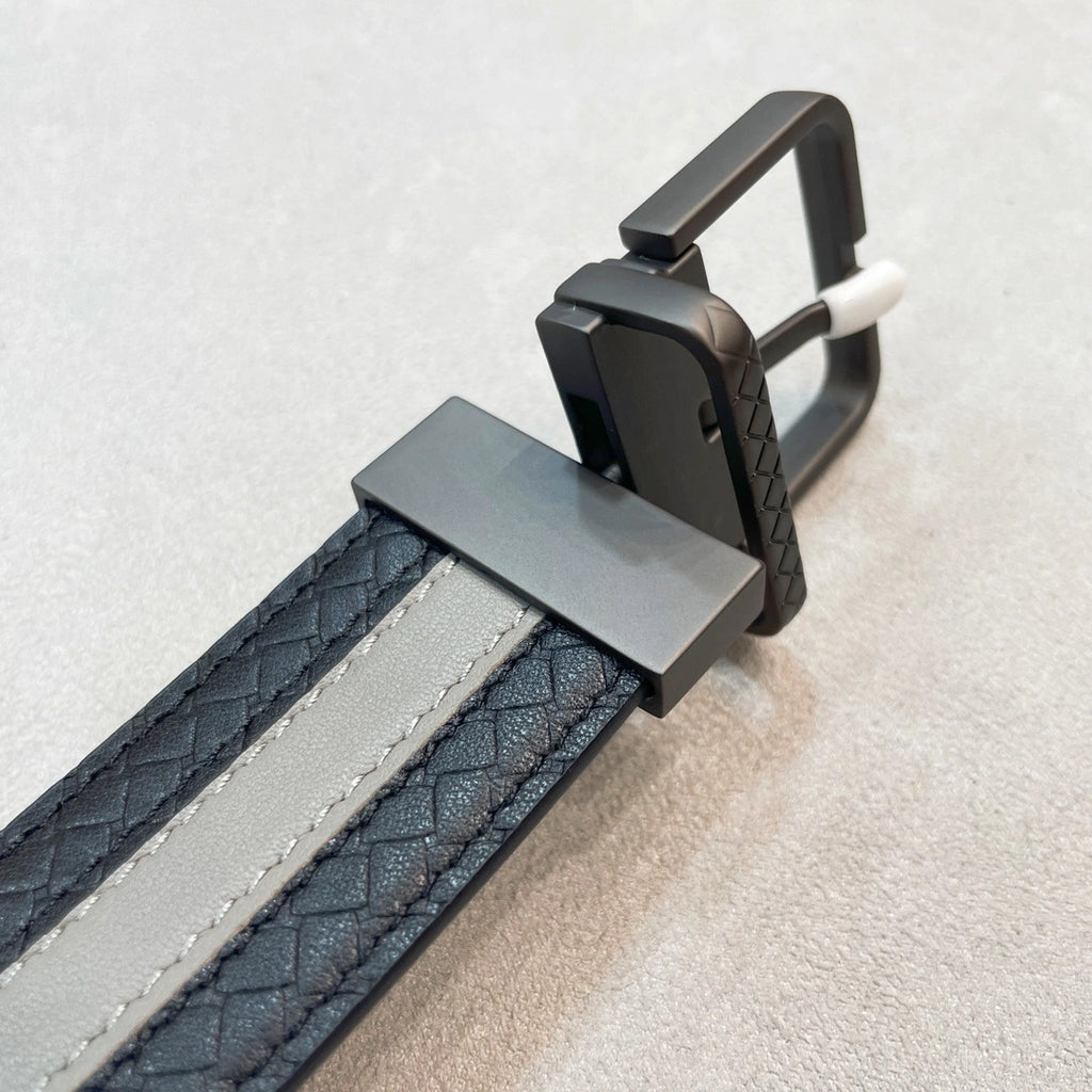 Premium Leather Belt with Black and Gray Stripe Design - Hình 3