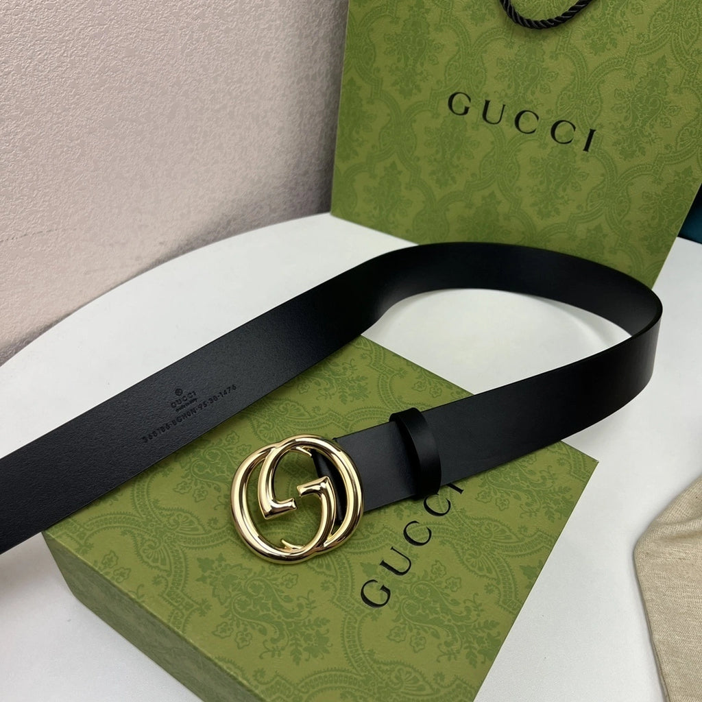 Premium Black Leather Belt with Gold GG Buckle - Hình 3