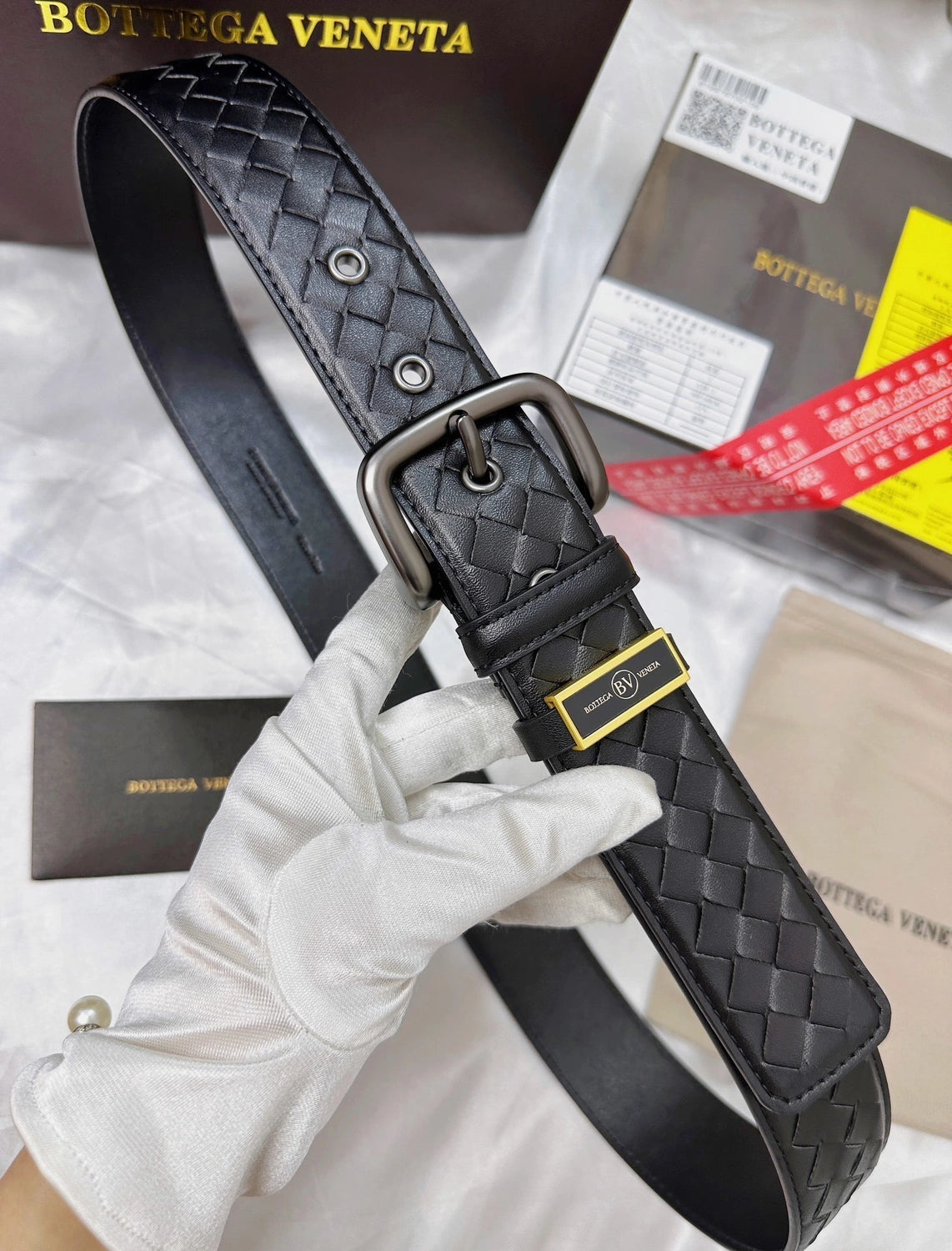 Bottega Veneta Premium Black Leather Woven Belt - Hình 3