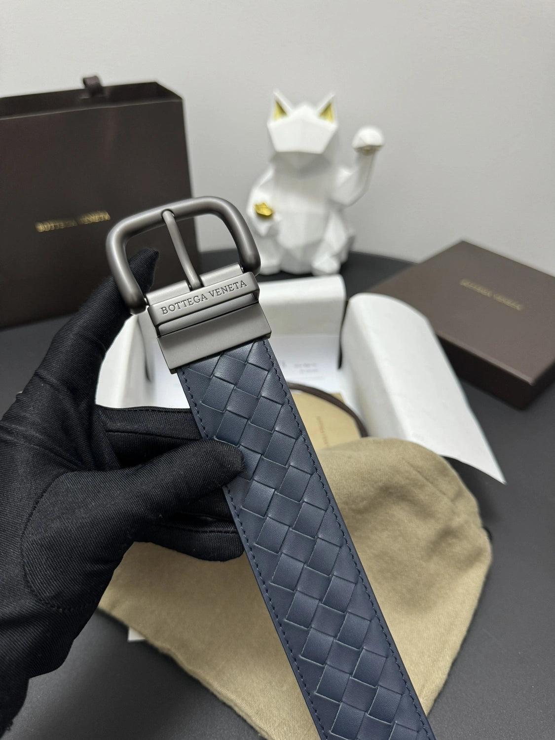Bottega Veneta Premium Woven Navy Blue Leather Belt - Hình 2