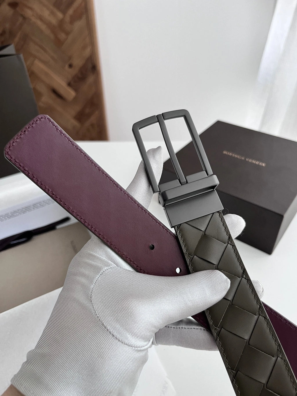 Premium woven leather belt, reversible olive green and burgundy - Hình 3
