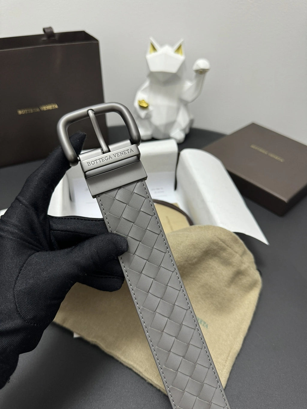Bottega Veneta Grey Woven Leather Belt - Hình 3