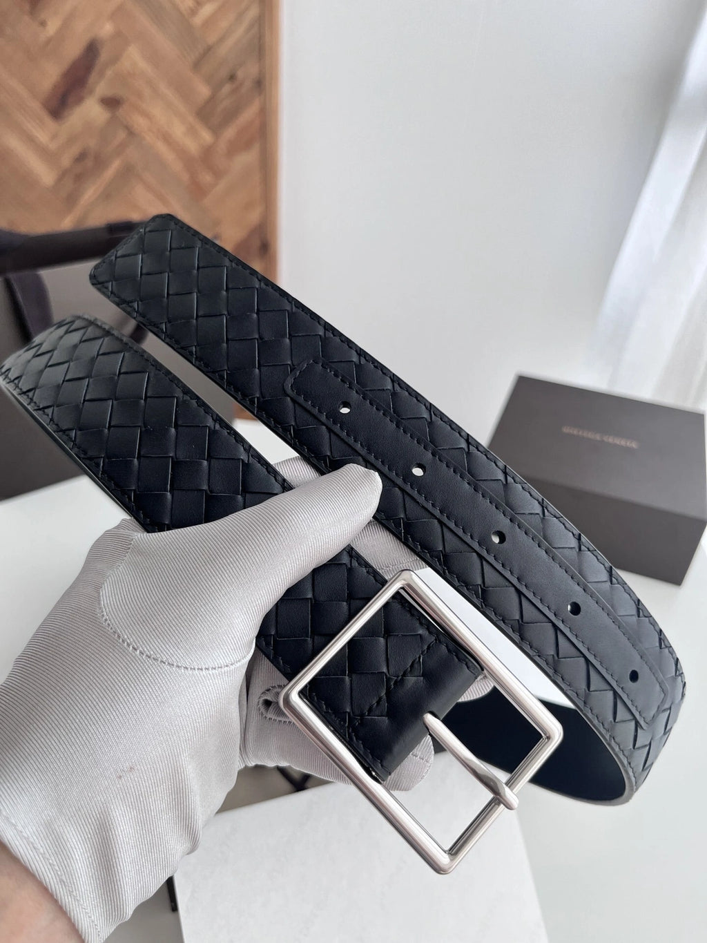 Premium Woven Black Leather Belt with Silver Buckle - Hình 3