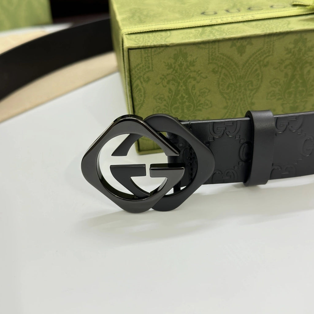 Premium black leather belt with silver Gucci inspired buckle - Hình 3