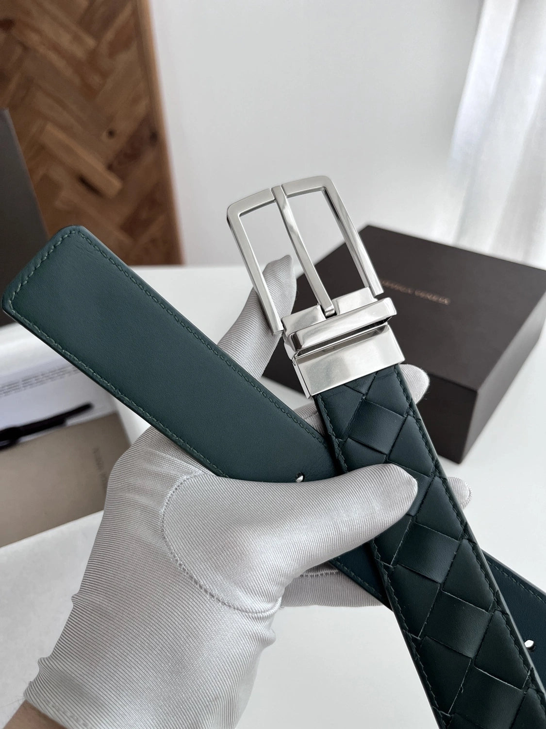 Premium Woven Dark Green Leather Belt with Silver Buckle - Hình 3