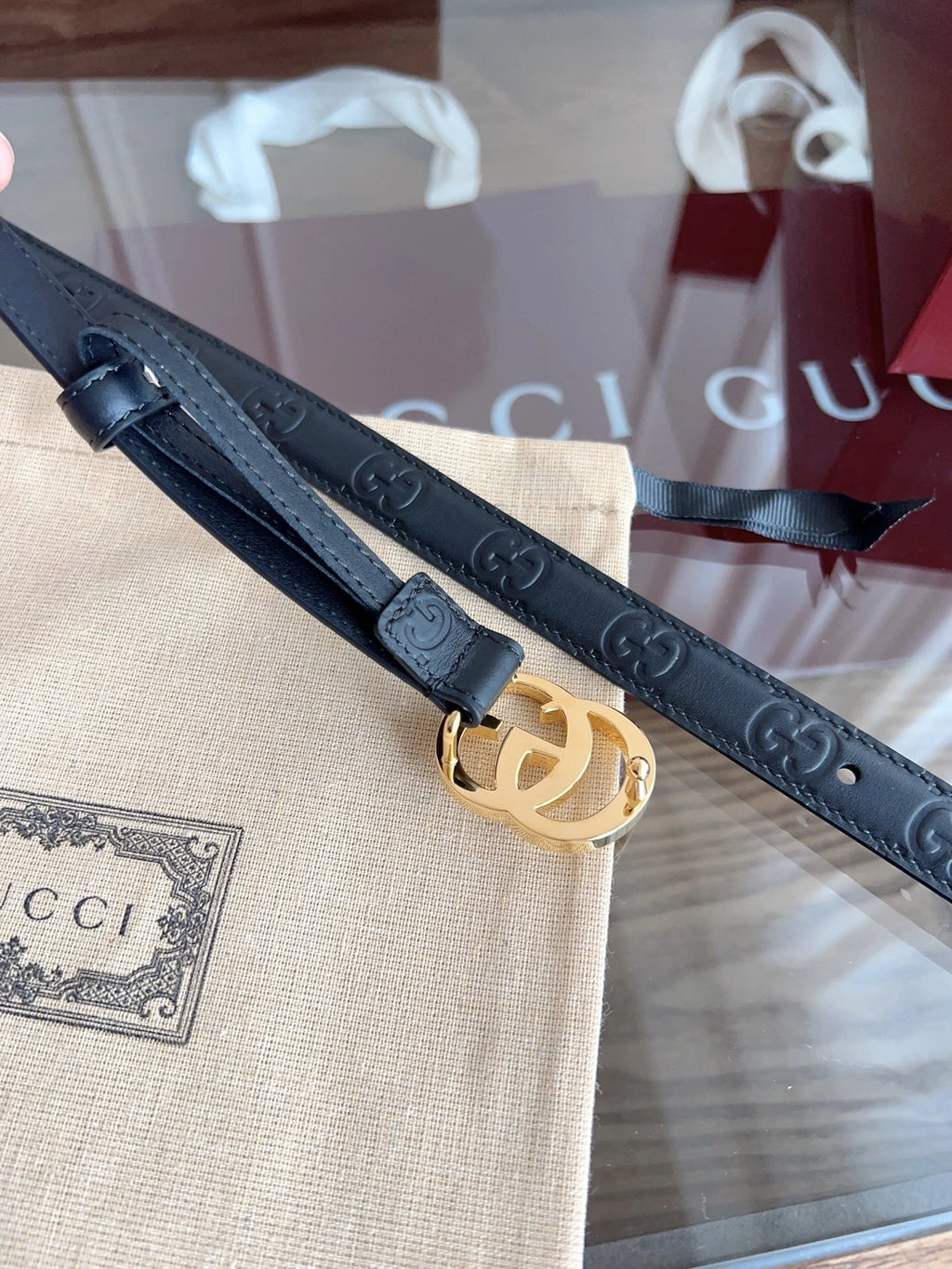 Premium Black Leather Belt with Gold GG Buckle - Hình 3
