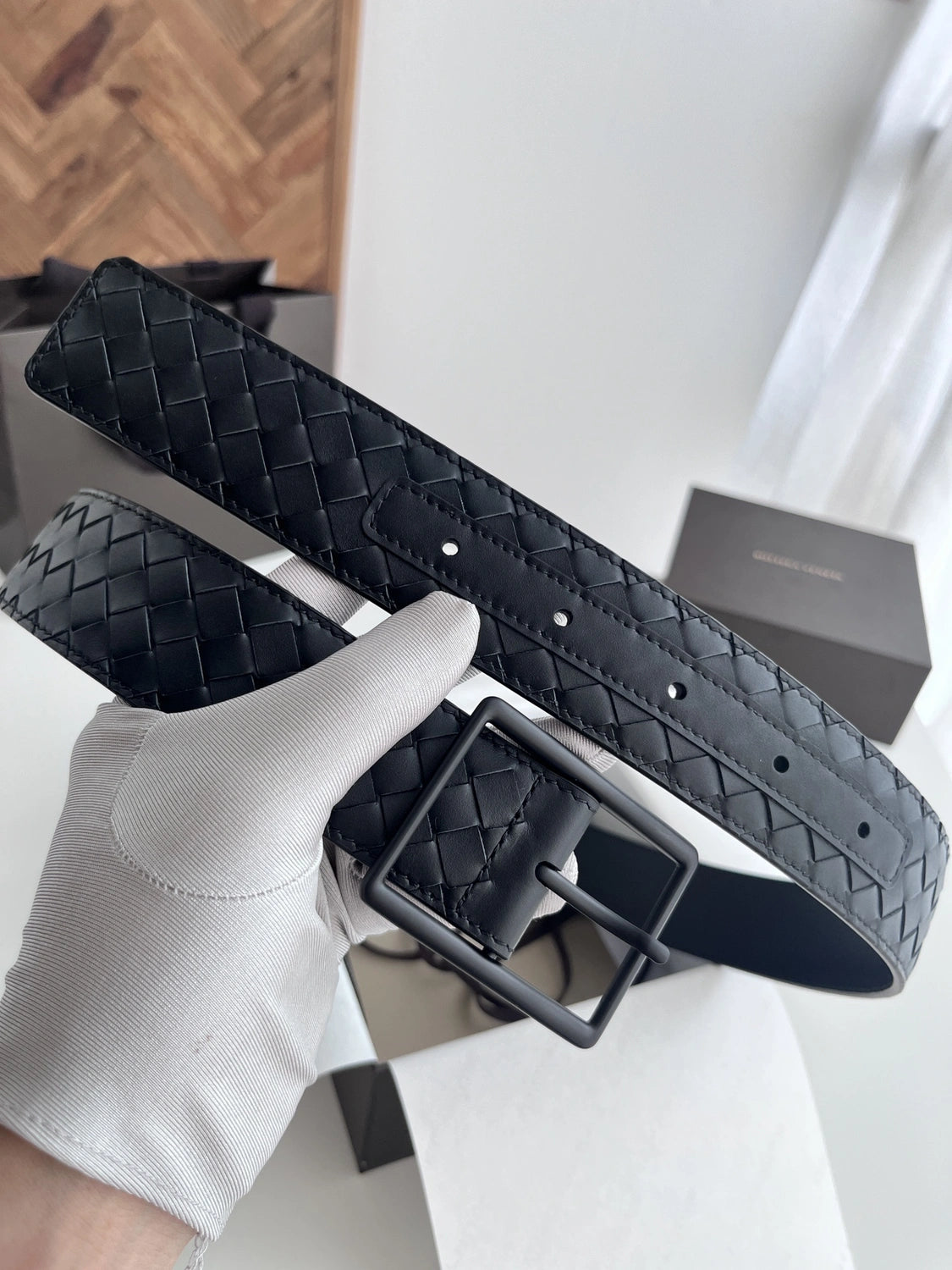 Premium Black Woven Leather Belt with Matte Black Buckle - Hình 3