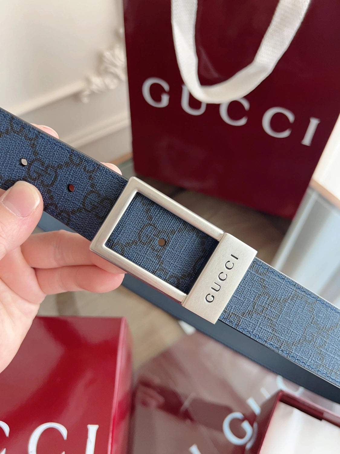 Gucci Premium Leather Belt Blue GG Pattern - Hình 3